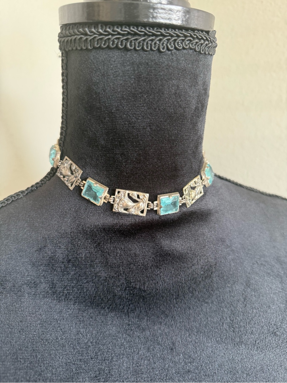 Sterling Silver Blue Glass Art Deco Style Link Choker Necklace
